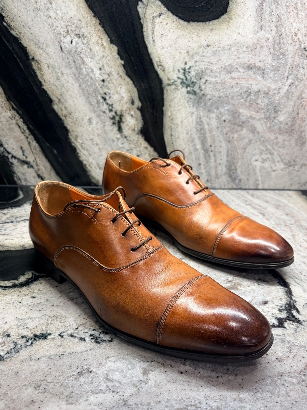 Santoni Cap Toe Oxford Shoes 10.5 US Cognac Brown Hand Burnished Made in Italy